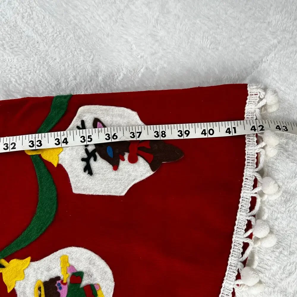 Vintage Handmade Felt Applique Christmas Tree Skirt Red Corduroy